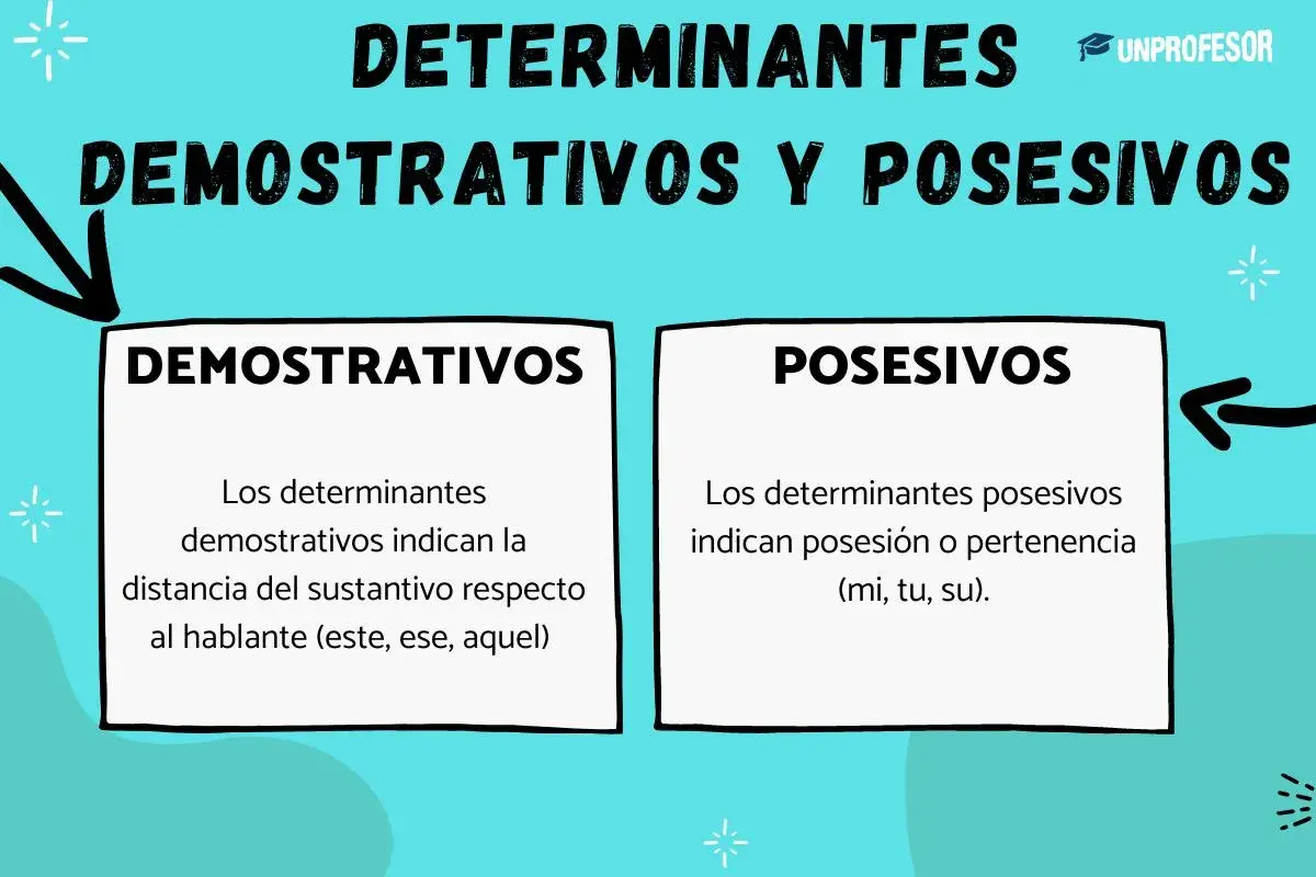Tipos de determinantes y pronombres: demostrativos (indican distancia) y posesivos (indican pertenencia).
