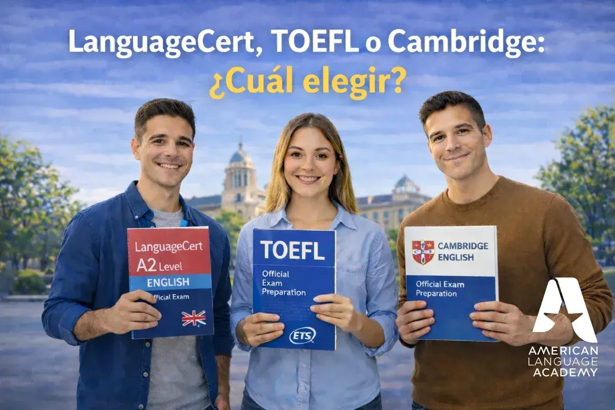Tres jóvenes sonríen mostrando libros de preparación para exámenes de inglés: LanguageCert, TOEFL o Cambridge.