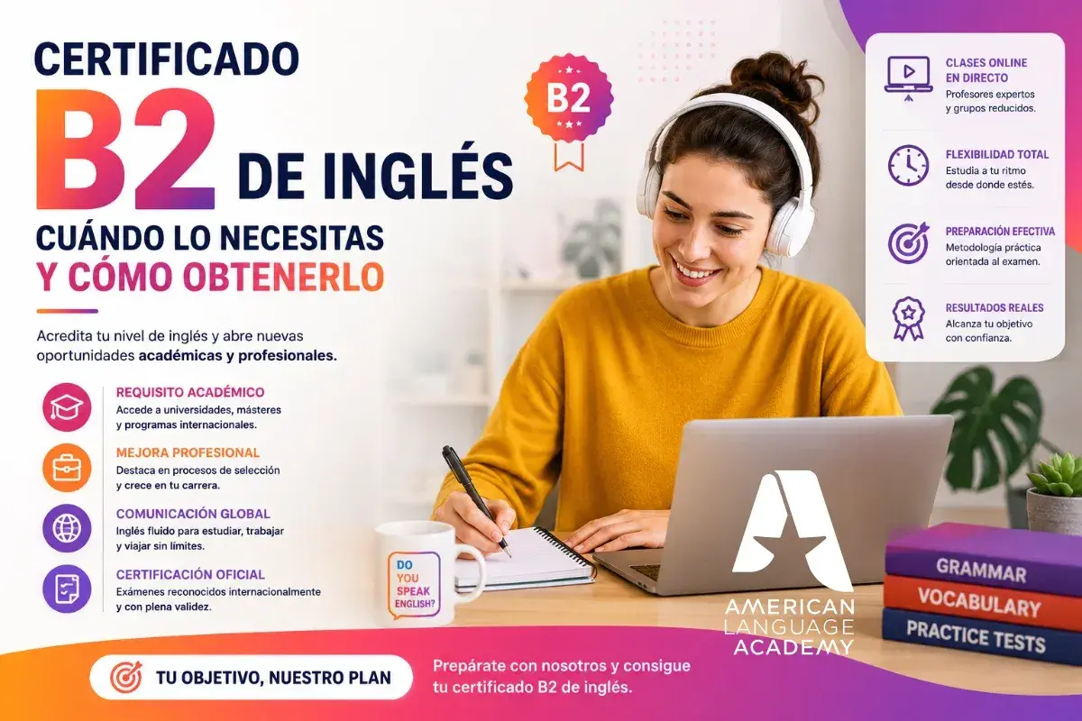 Joven sonriente con auriculares estudia inglés B2 en línea. Certificado oficial para oportunidades académicas y profesionales.