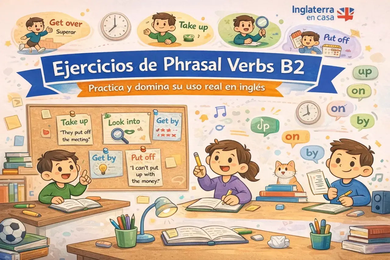 Ilustración de niños aprendiendo phrasal verbs con "off", como "put off" y "take up".