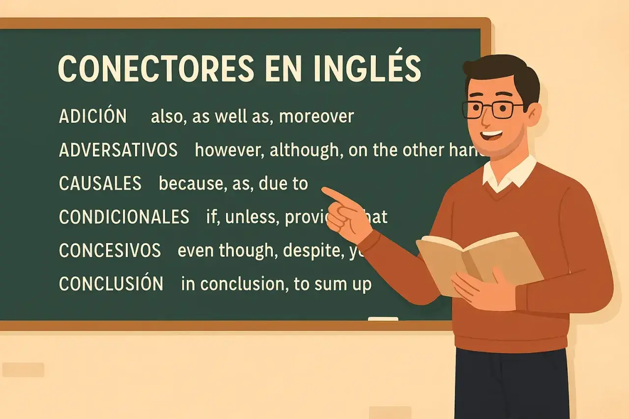 Profesor explica conectores C2 inglés en pizarra: adición, adversativos, causales, condicionales, concesivos y conclusión.