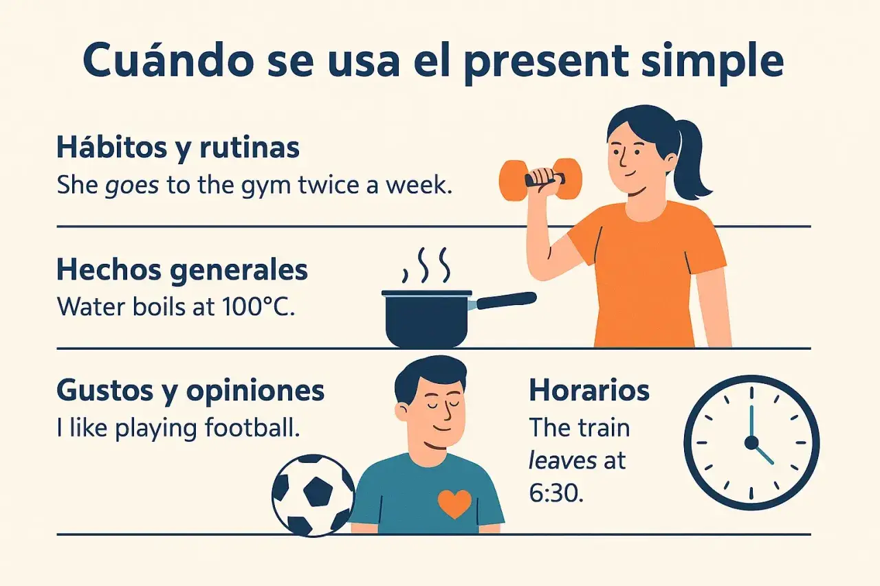 Ilustración sobre cuándo usar el presente simple, con ejemplos de hábitos, hechos, gustos y horarios.