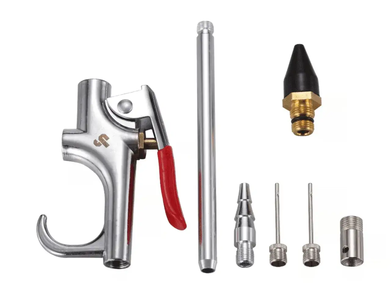 Kit de herramientas para inflar: pistola de aire, tubo, boquilla cónica y adaptadores para ayudarte a blow up llantas y balones.