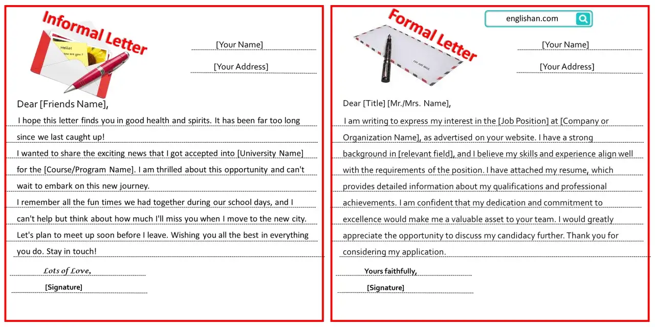 Plantillas de carta informal y formal en inglés. La informal muestra un sobre abierto con un bolígrafo y una nota.