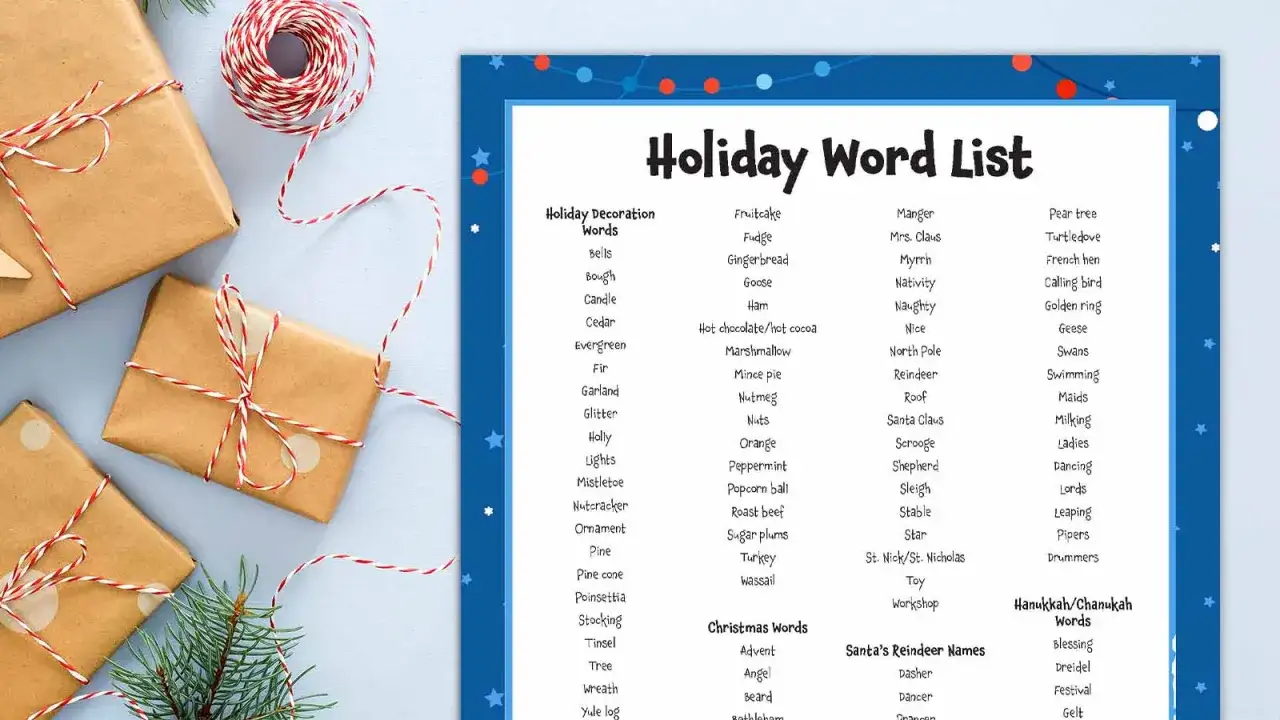 Lista de palabras navideñas con regalos envueltos y cuerda roja y blanca. Vocabulario de Navidad.