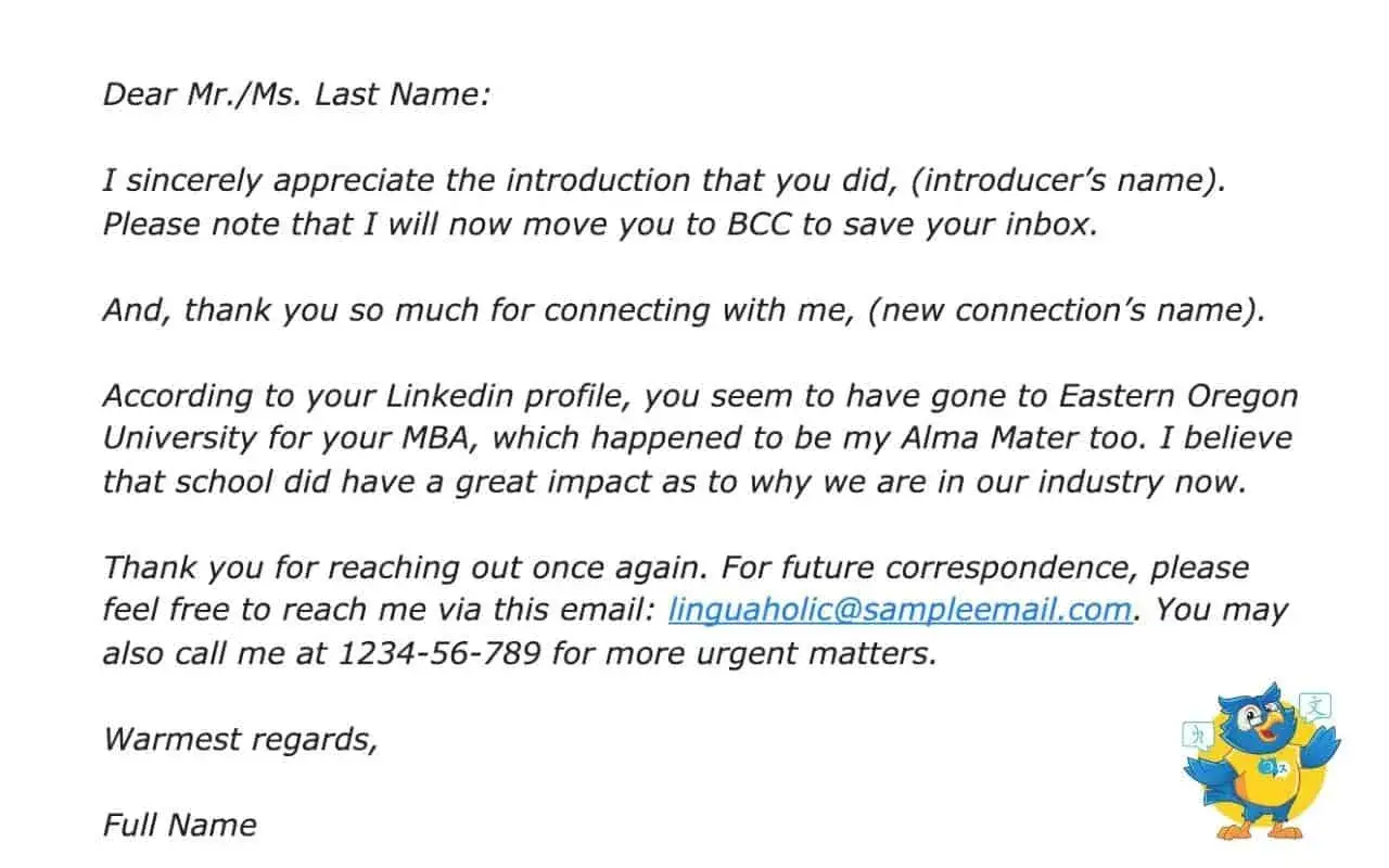 Carta de agradecimiento por una introducción. El remitente menciona que la universidad del destinatario fue su Alma Máter, y gracias por avisar en inglés.