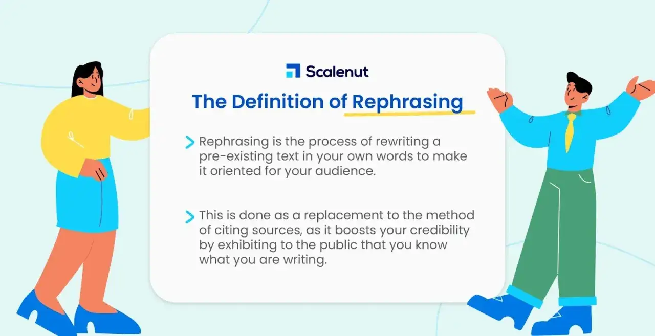 Ilustraci&oacute;n con dos personas y texto sobre la definici&oacute;n de rephrasing, que es reescribir un texto con tus propias palabras para tu audiencia.