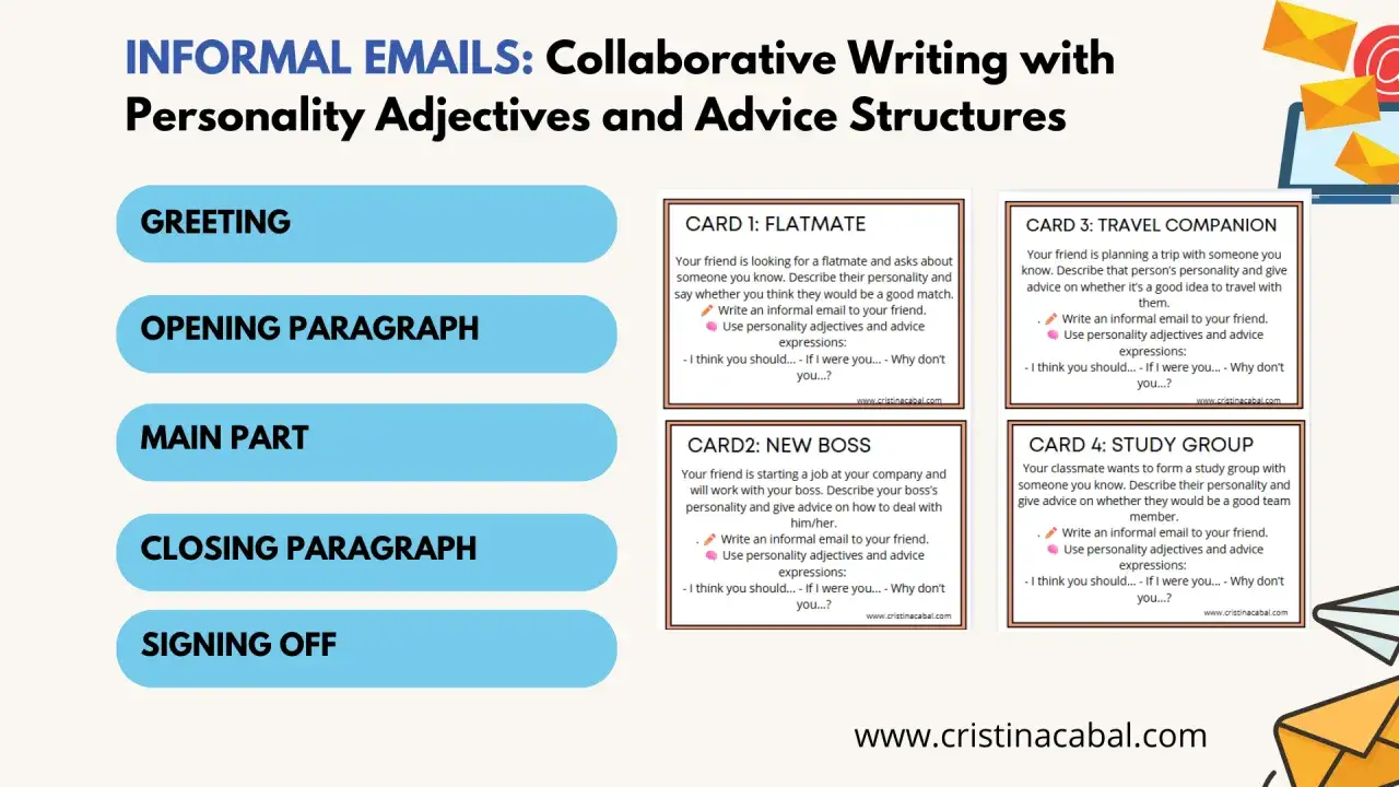 Guía para escribir una contestación email informal en inglés, con ejemplos de tarjetas para practicar.