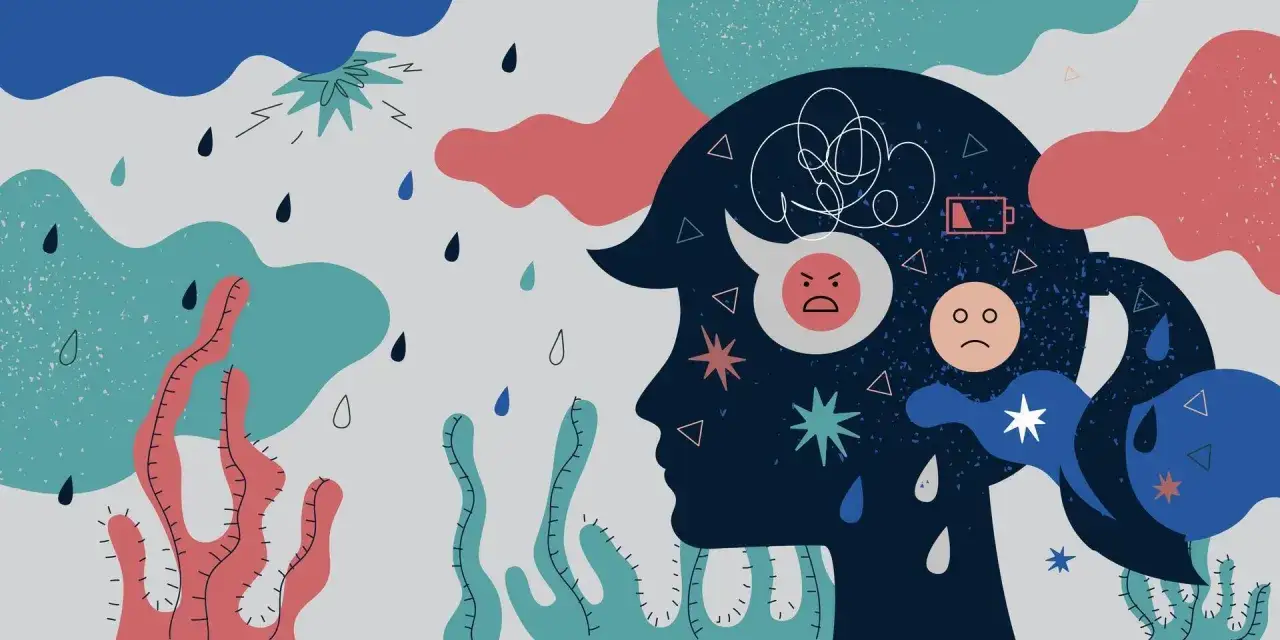 Silueta de cabeza con emociones en inglés: enfado, tristeza y batería baja. Gotas de lluvia y formas abstractas.