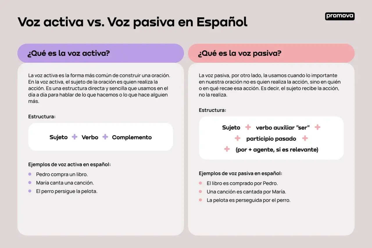 El libro fue comprado por Pedro. La pelota fue perseguida por el perro. Ejemplos de voz pasiva en español.