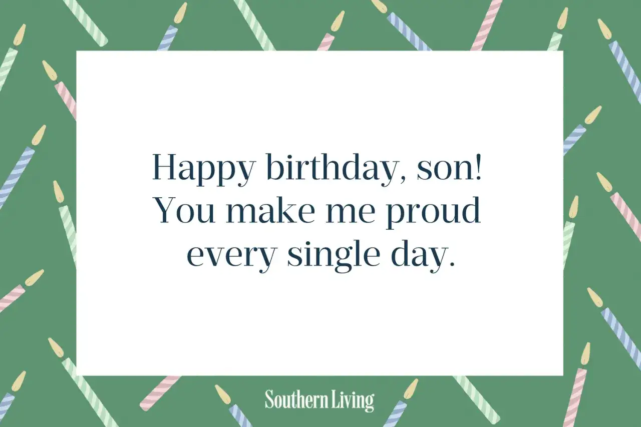 Feliz cumplea&ntilde;os en ingl&eacute;s, hijo. Me haces sentir orgulloso cada d&iacute;a. Fondo verde con velas de cumplea&ntilde;os.